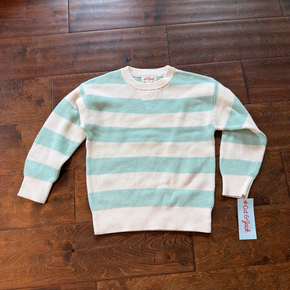 Cat & Jack Boys Girls 3T Mint Green Cream Striped Cotton Knit Sweater NWT